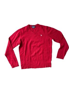 90’s Abercrombie & Fitch Men's Bright Red V-Neck Sweater